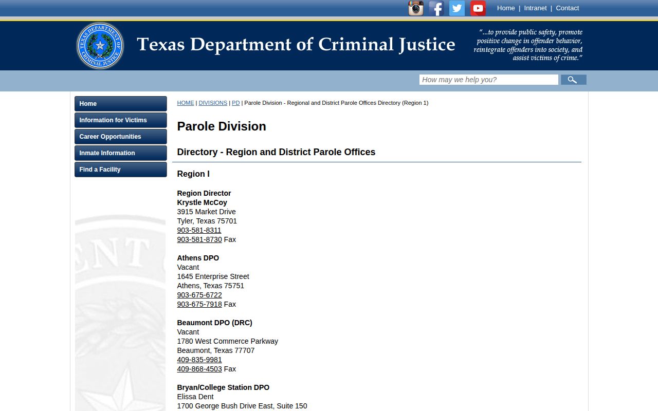 TDCJ Region I listing for the Nacogdoches District Parole Office