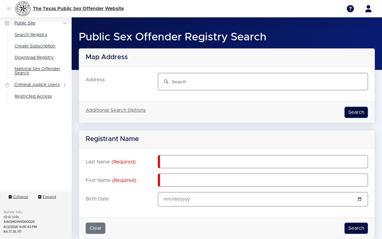 Texas DPS public sex offender registry search page