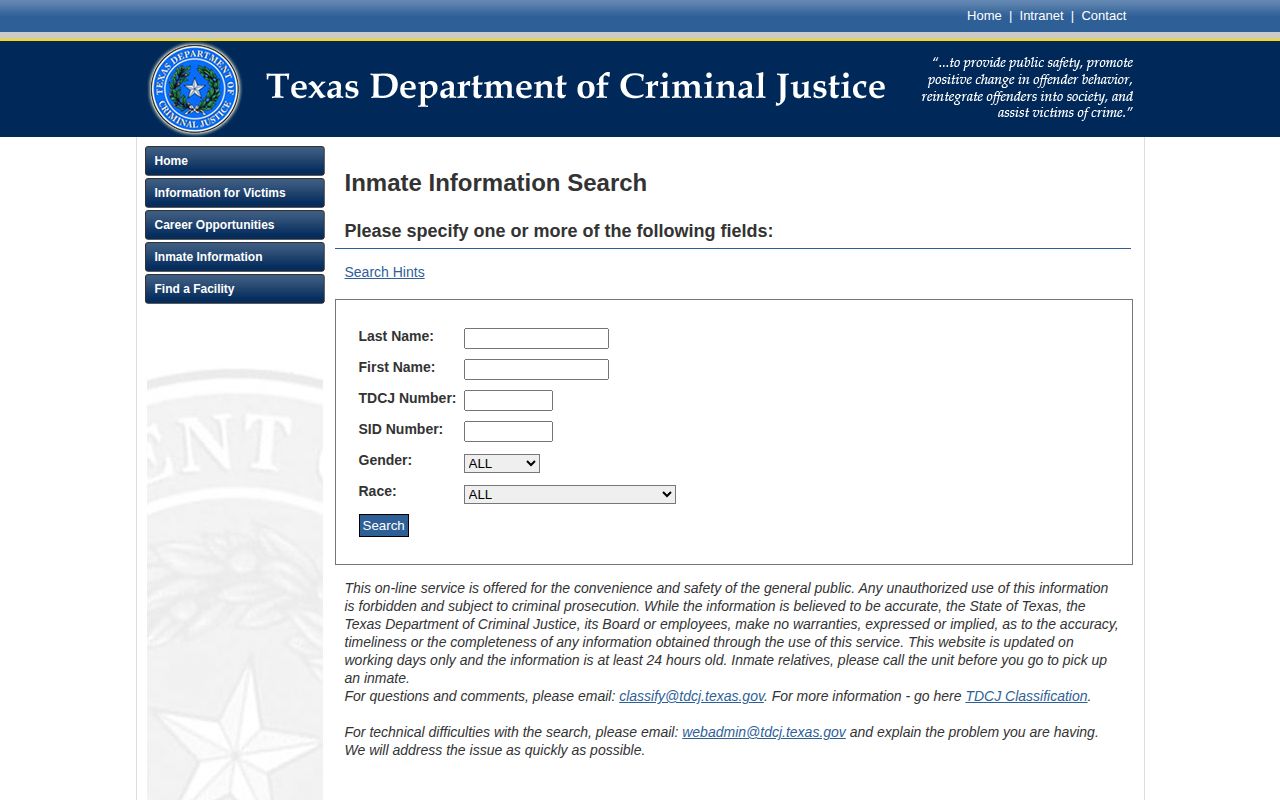 Texas Department of Criminal Justice offender search screen